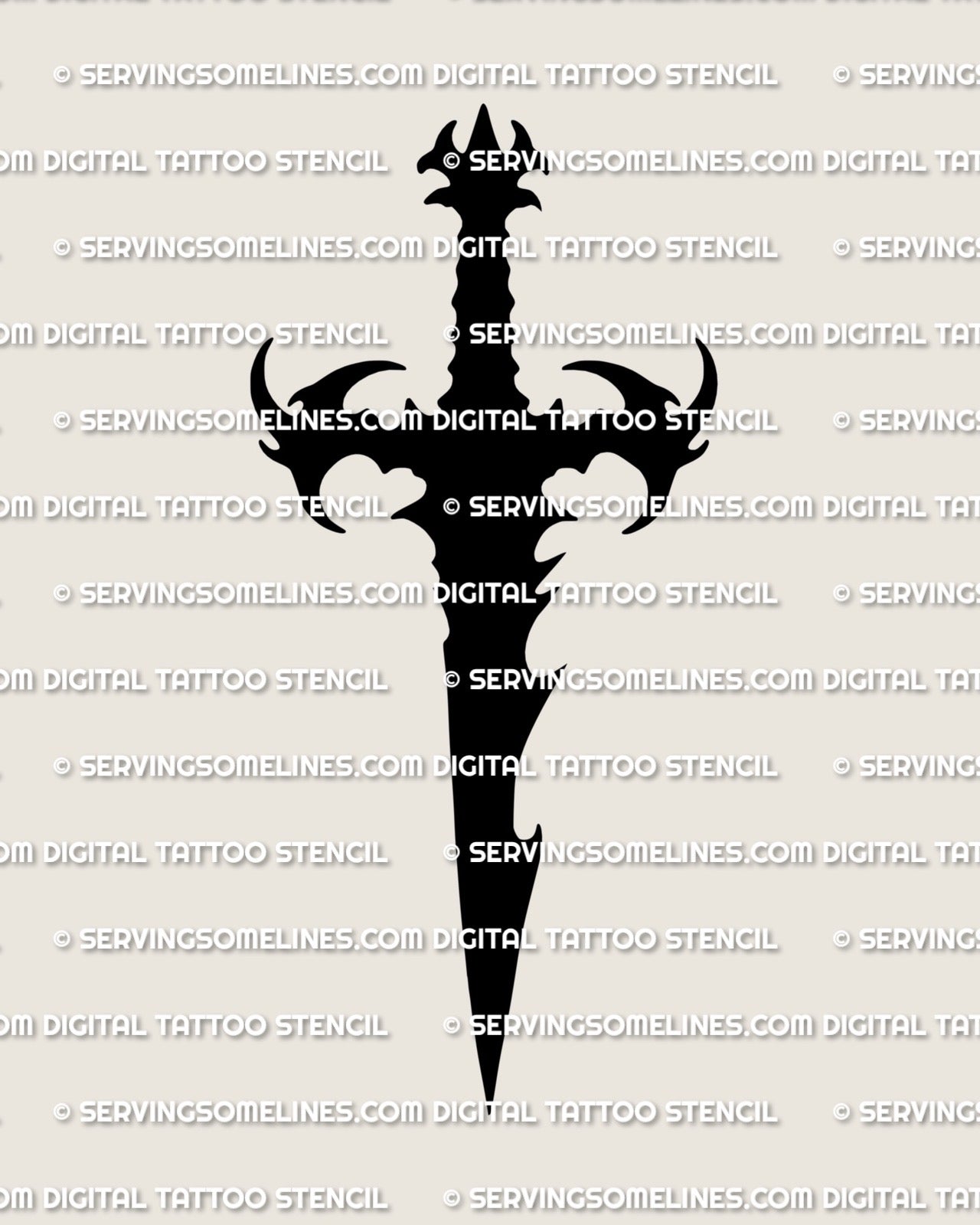 Black dagger tattoo stencil design with solid fill silhouette and spiked crossguard, printable PNG and PDF file preview.