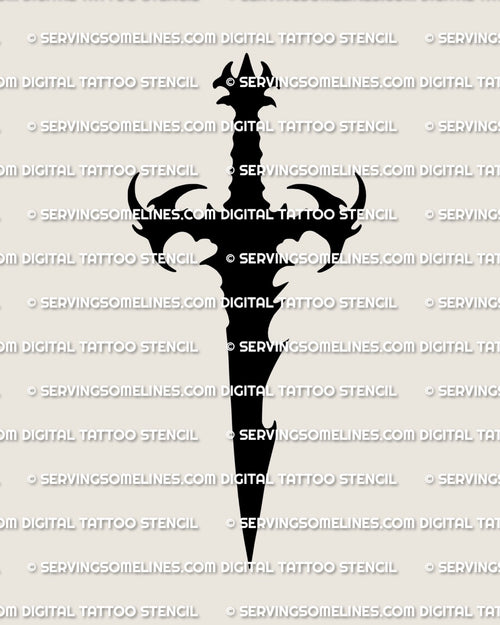 Black dagger tattoo stencil design with solid fill silhouette and spiked crossguard, printable PNG and PDF file preview.