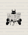 Black devil silhouette tattoo stencil reading a newspaper titled Bad News, minimalist dark humor tattoo design with dripping ink lines
