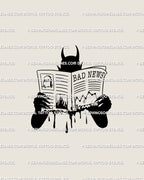 Black devil silhouette tattoo stencil reading a newspaper titled Bad News, minimalist dark humor tattoo design with dripping ink lines