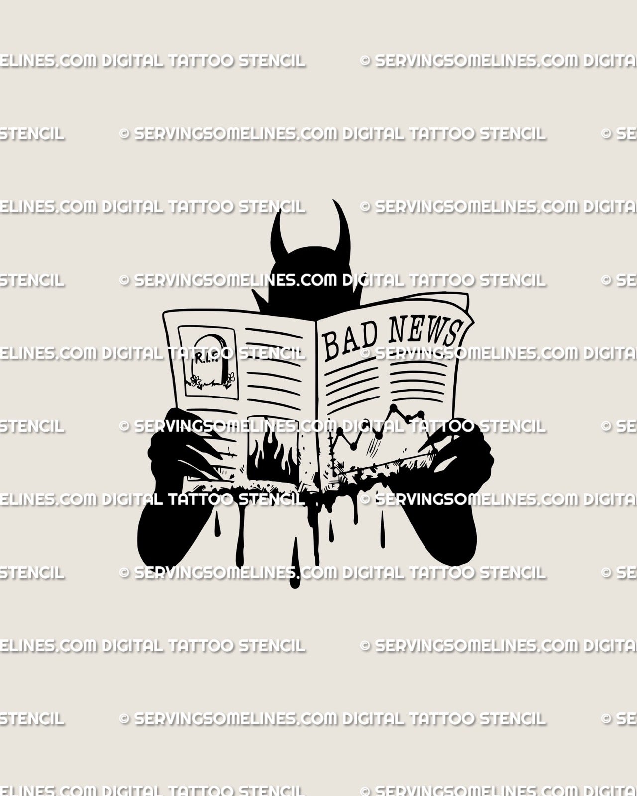 Black devil silhouette tattoo stencil reading a newspaper titled Bad News, minimalist dark humor tattoo design with dripping ink lines