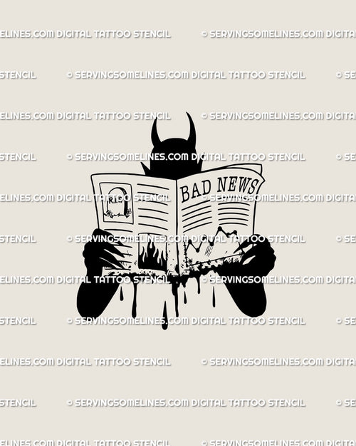 Black devil silhouette tattoo stencil reading a newspaper titled Bad News, minimalist dark humor tattoo design with dripping ink lines