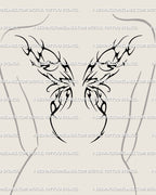 Black fairy wings tattoo stencil shown on women’s upper back placement with compact dark wing shapes and neotribal flow