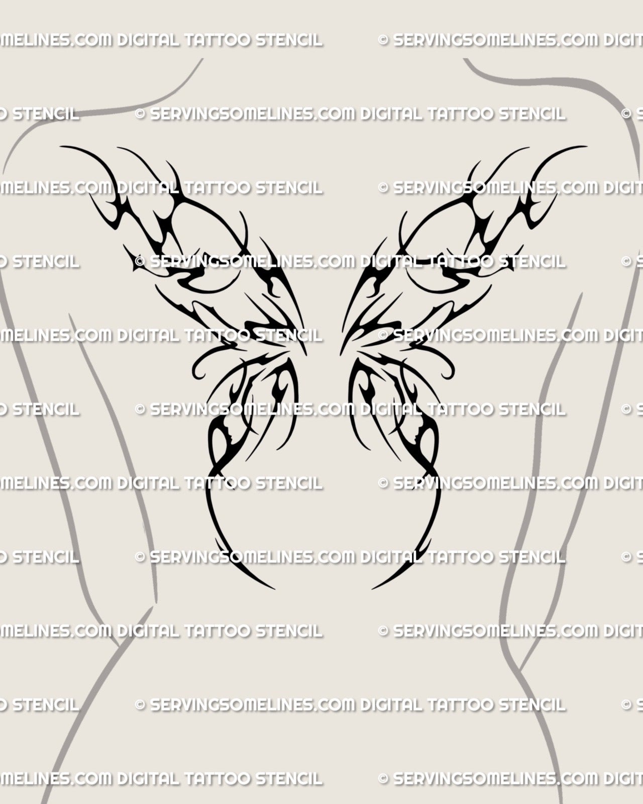 Black fairy wings tattoo stencil shown on women’s upper back placement with compact dark wing shapes and neotribal flow