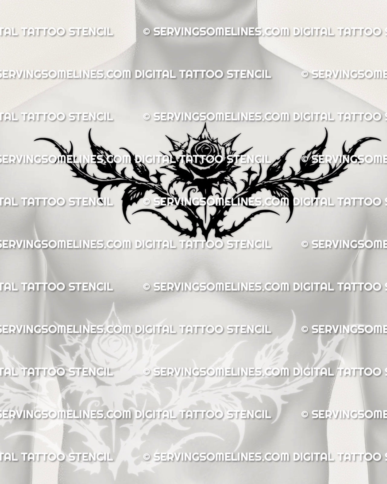 black gothic rose tattoo stencil for men shown on chest placement, bold blackwork rose with thorn details for customers looking for a dark gothic design