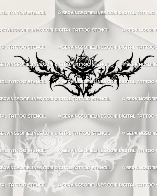 black gothic rose tattoo stencil for men shown on chest placement, bold blackwork rose with thorn details for customers looking for a dark gothic design