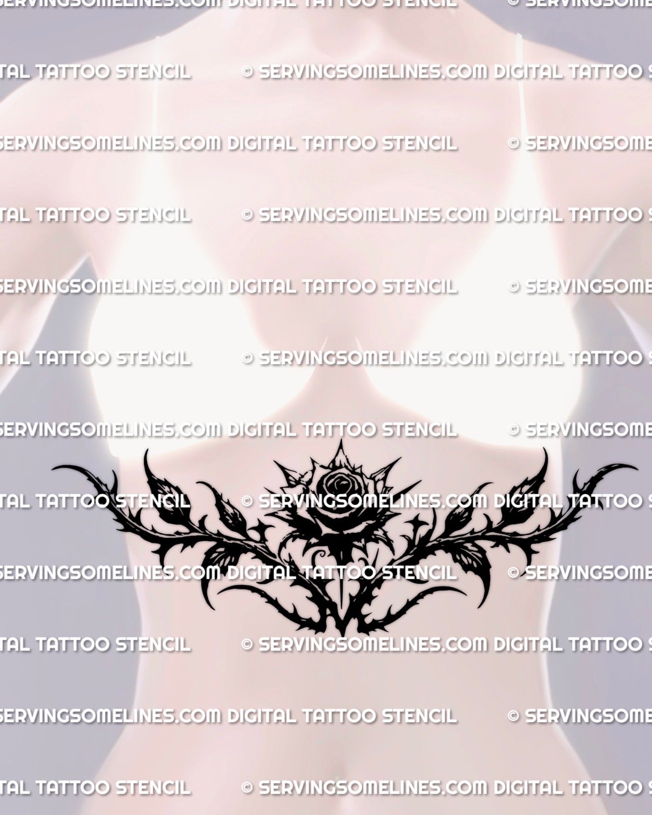 black gothic rose tattoo stencil shown in underbust placement, heavy blackwork rose with thorns created as a downloadable product for gothic tattoo buyers