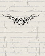 Black heart chest tattoo shown on men's chest placement example using this stencil design with a sharp flame-like spread.