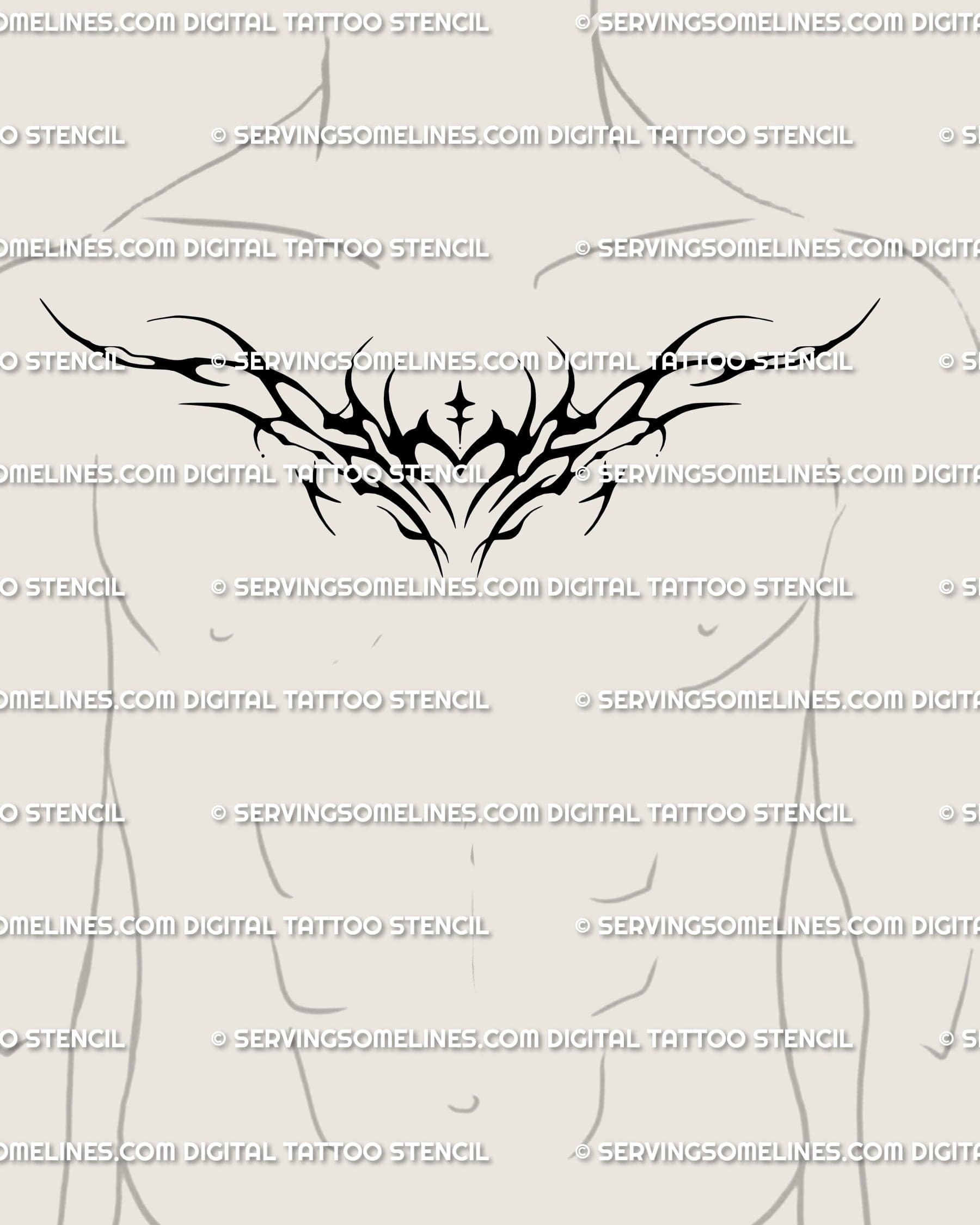 Black heart chest tattoo shown on men's chest placement example using this stencil design with a sharp flame-like spread.