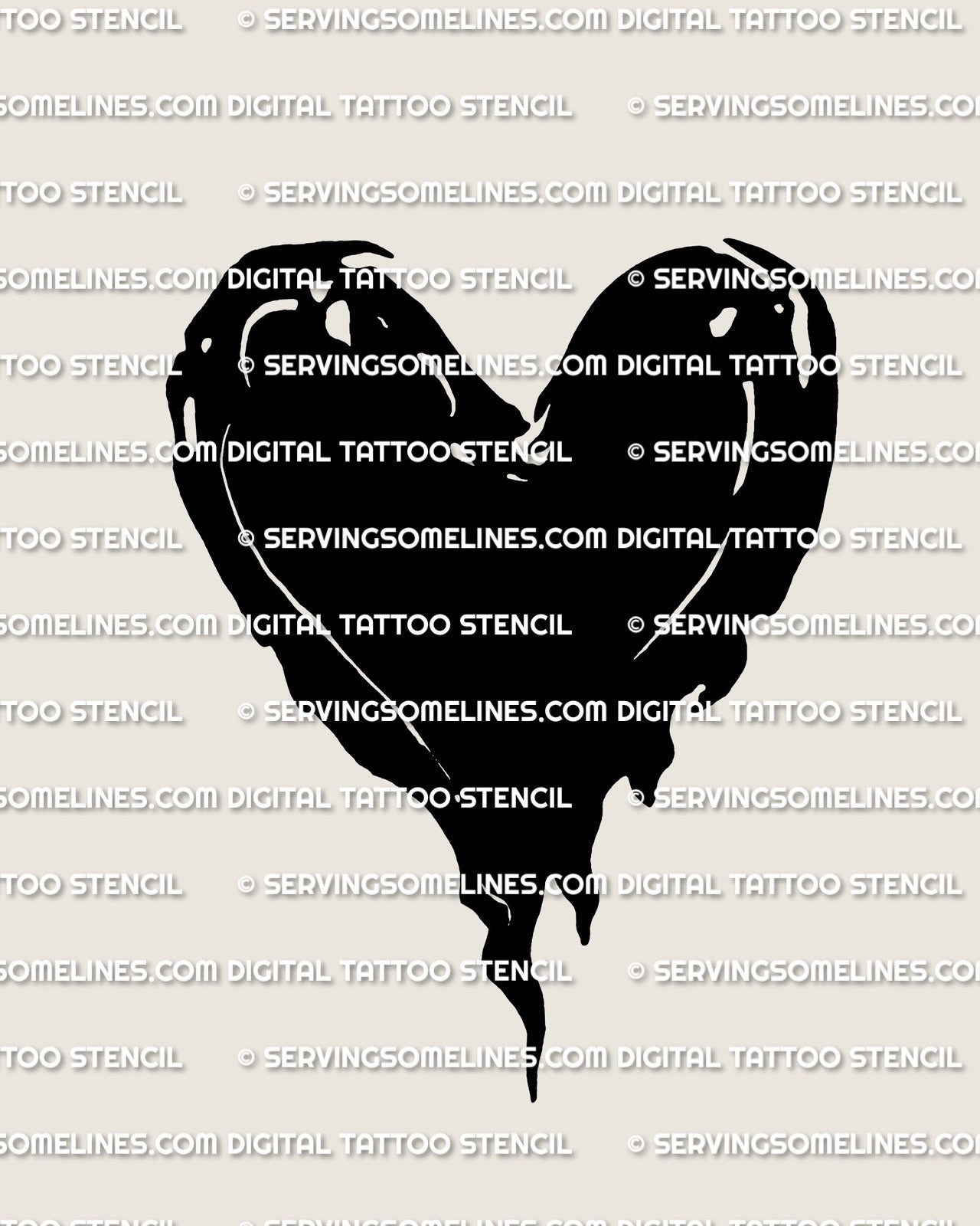 Black heart tattoo stencil design, solid fill heart silhouette with one clean negative space highlight, printable PNG JPEG PDF.