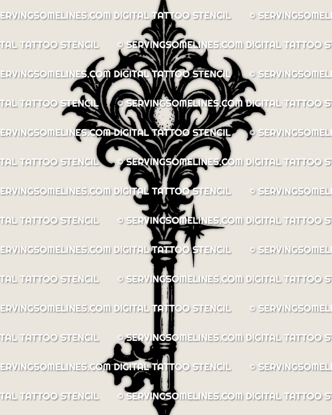 Black key tattoo stencil featuring a baroque damask top, sharp key teeth, and antique gothic detailing, isolated design.