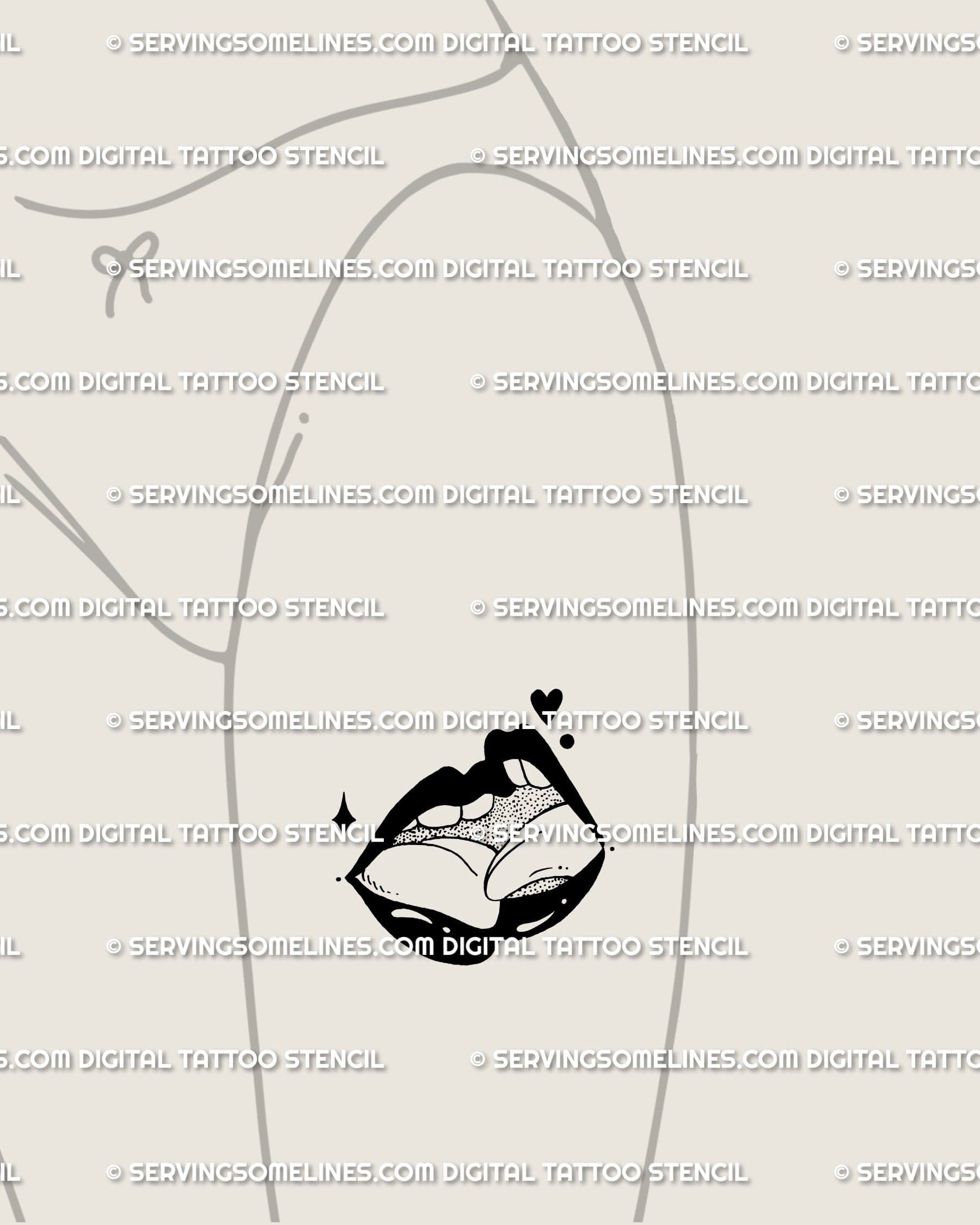 Black lips queer kiss tattoo on front thigh, small gothic pride tattoo design radiating feminine and unapologetic energy. 