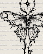 Close view of black luna moth tattoo stencil, sharp wing tips and tail detail for a bold luna moth design