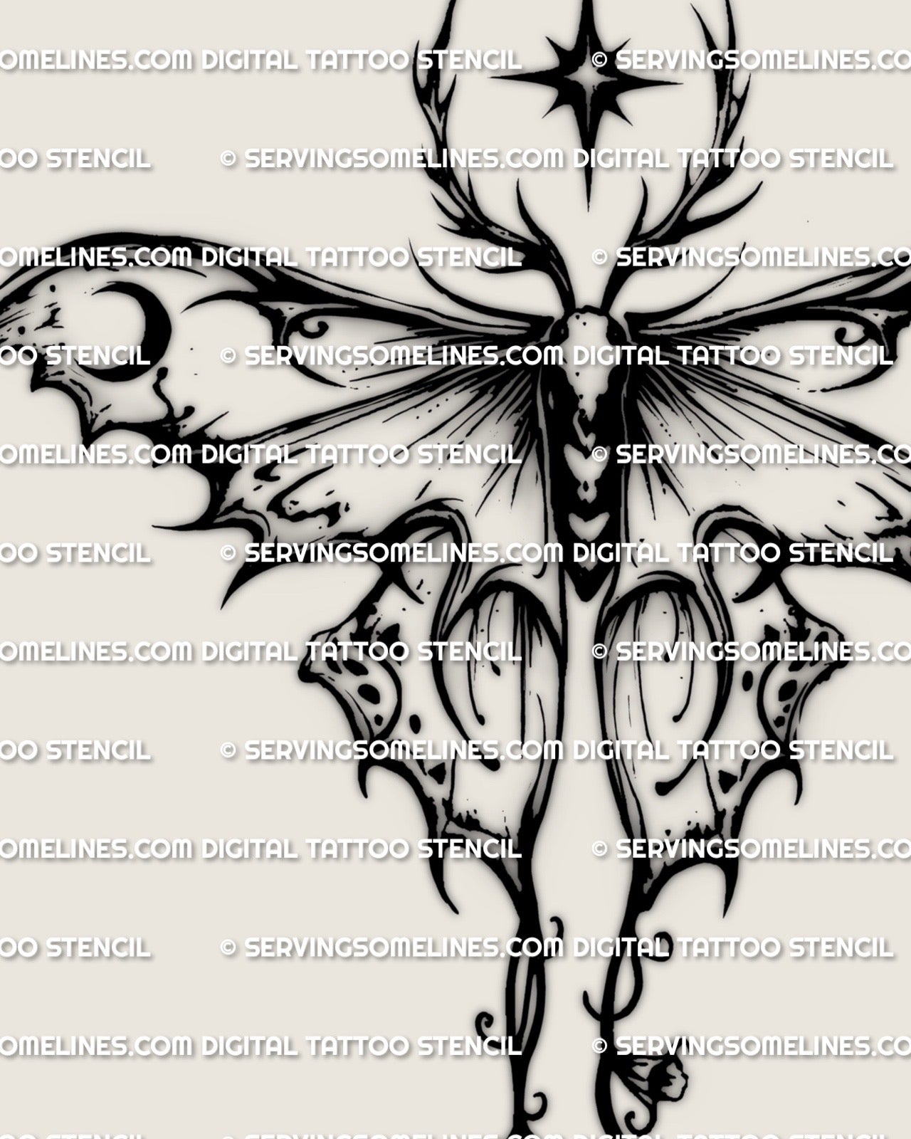 Close view of black luna moth tattoo stencil, sharp wing tips and tail detail for a bold luna moth design