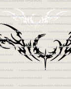 Close detail of the black moon lower back tattoo stencil showing the crescent center and pointed neotribal outer flow.