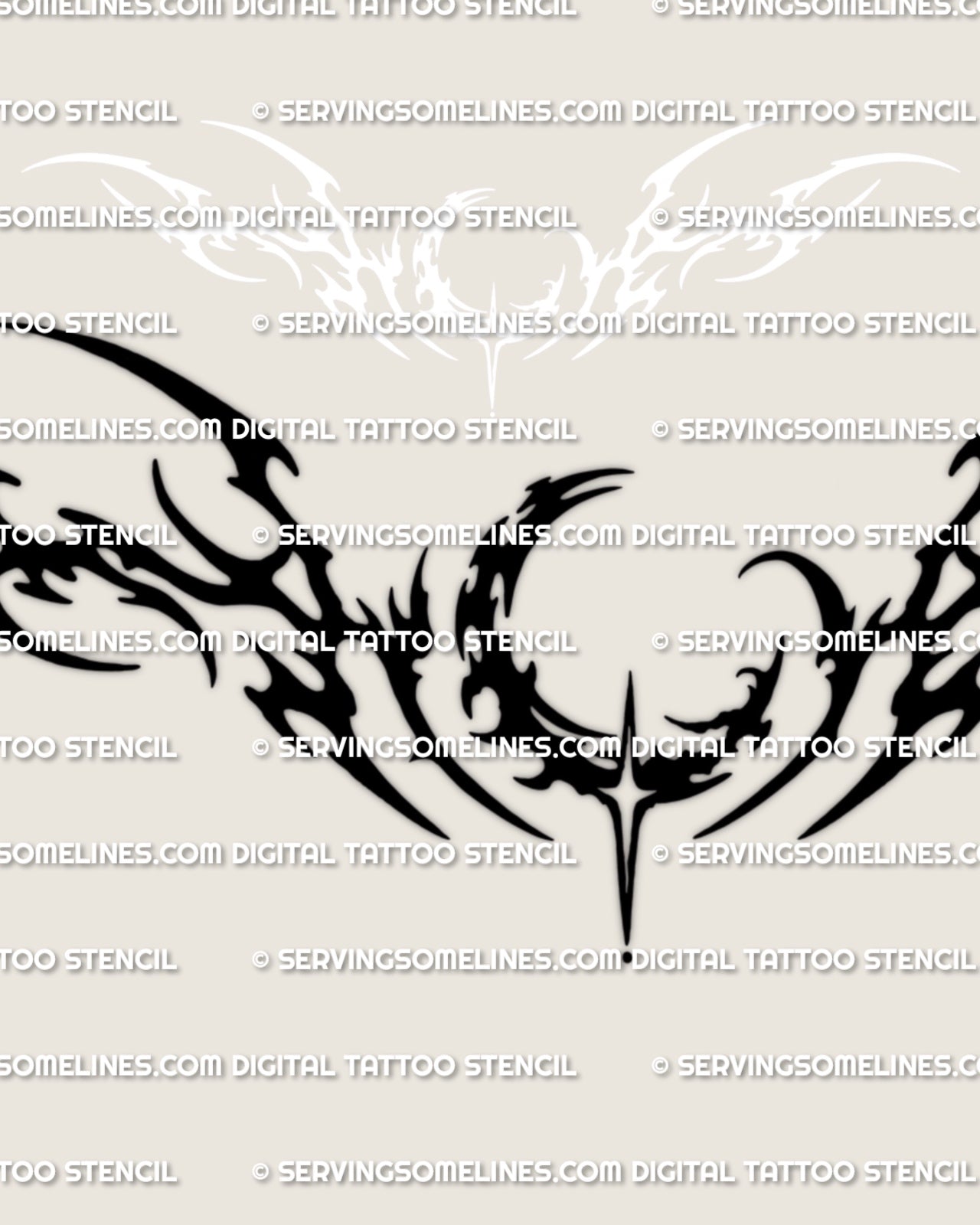 Close detail of the black moon lower back tattoo stencil showing the crescent center and pointed neotribal outer flow.