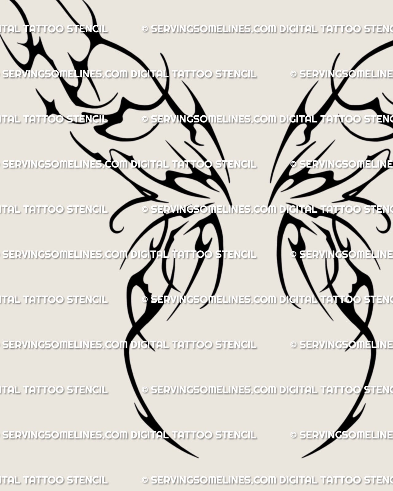 Close detail of black neotribal fairy wings tattoo stencil showing filled black sections and refined pointed edges