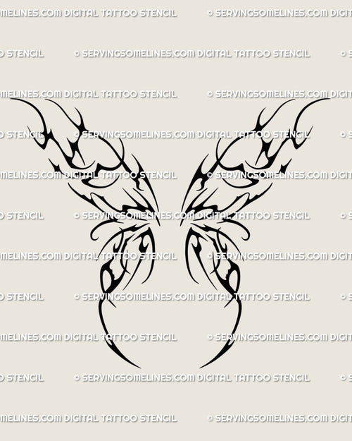 Black neotribal fairy wings tattoo stencil design with filled black shapes and pointed wing framing for digital download