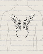 Black neotribal fairy wings tattoo stencil shown on men’s upper back preview with a centered bold back placement