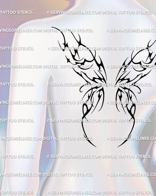 Black neotribal fairy wings tattoo stencil shown on upper back placement example with a bold symmetrical blackwork layout