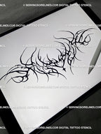 iPad preview of the black neotribal lower back tattoo stencil showing the full waist-built layout and pointed linework