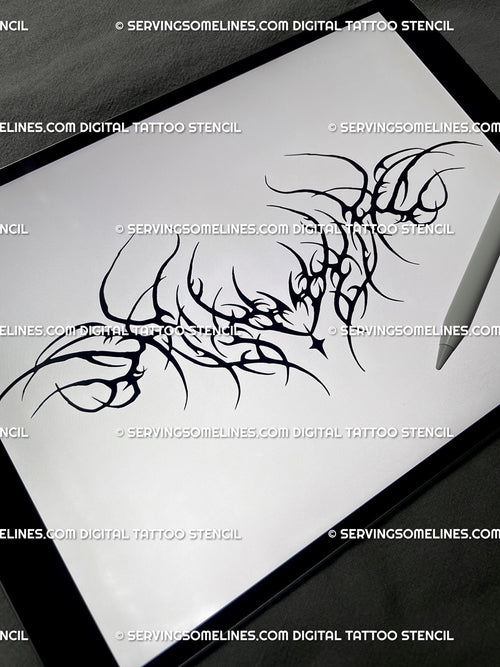 iPad preview of the black neotribal lower back tattoo stencil showing the full waist-built layout and pointed linework