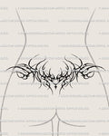 Black neotribal lower back tattoo shown on lower back placement with a symmetrical spread and small sparkle center