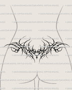 Black neotribal lower back tattoo shown on lower back placement with a symmetrical spread and small sparkle center