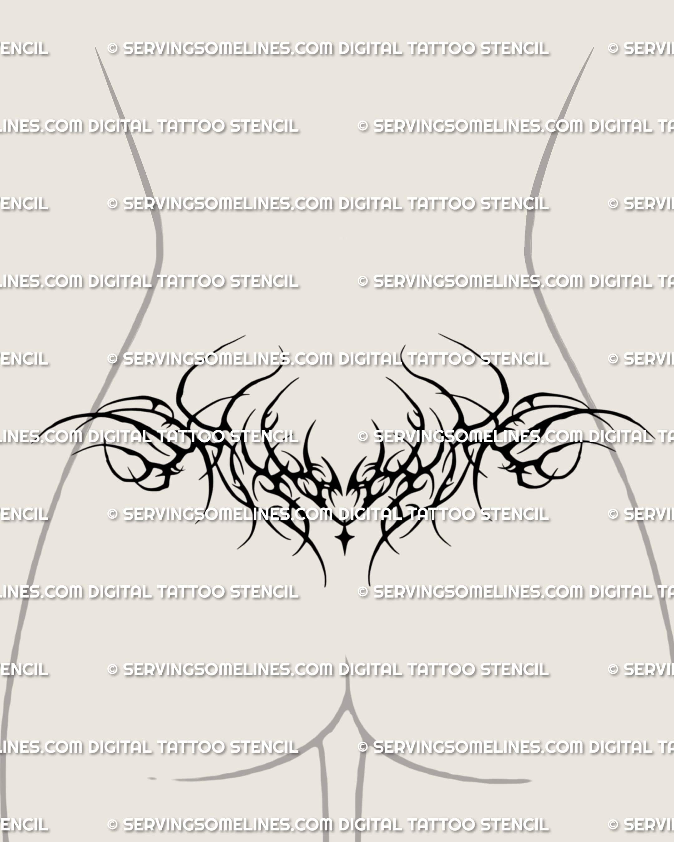 Black neotribal lower back tattoo shown on lower back placement with a symmetrical spread and small sparkle center