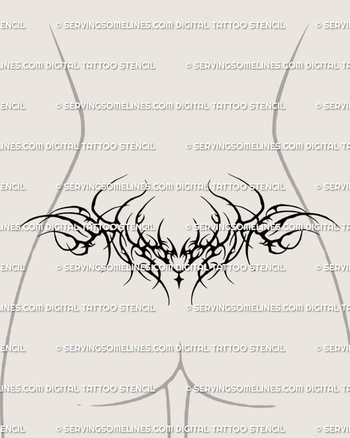 Black neotribal lower back tattoo shown on lower back placement with a symmetrical spread and small sparkle center