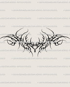 Black neotribal lower back tattoo stencil design with a low tramp stamp silhouette, symmetrical spread, and pointed dark linework
