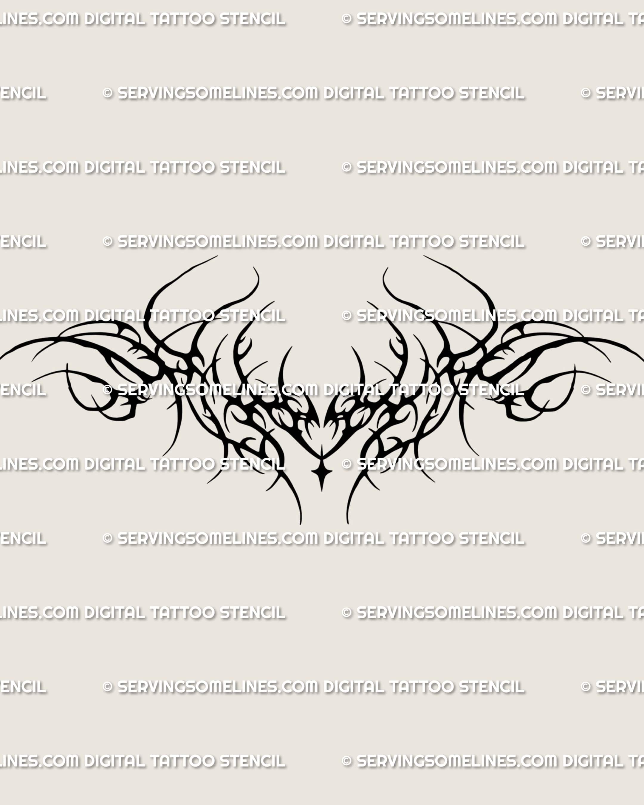 Black neotribal lower back tattoo stencil design with a low tramp stamp silhouette, symmetrical spread, and pointed dark linework