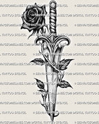 Black rose and dagger tattoo stencil design, thorned stem and dark rose silhouette, instant download PNG, JPEG, PDF 