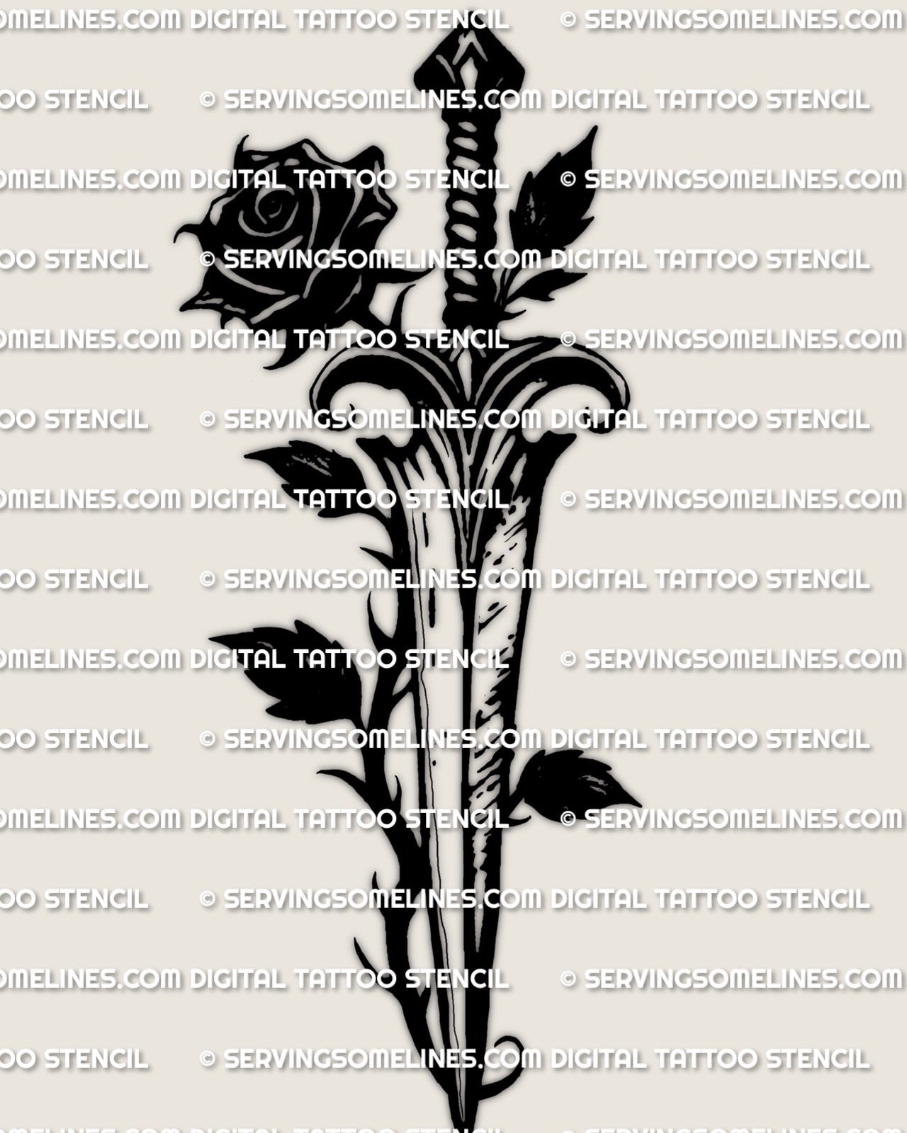 Black rose and dagger tattoo stencil design, thorned stem and dark rose silhouette, instant download PNG, JPEG, PDF 