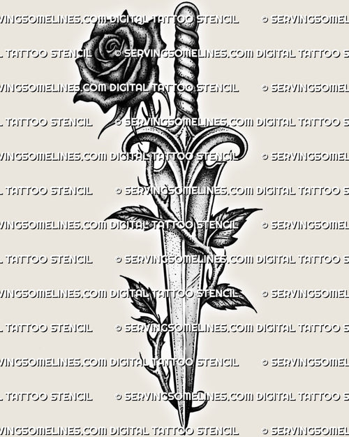 Black rose and dagger tattoo stencil design, thorned stem and dark rose silhouette, instant download PNG, JPEG, PDF 