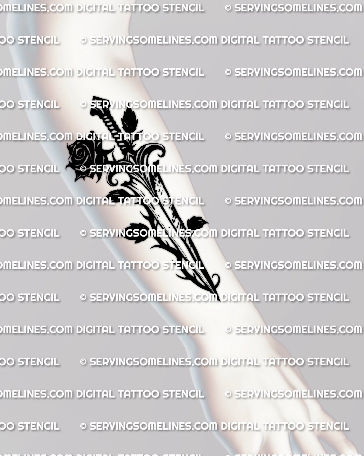 Dagger with black rose tattoo stencil shown on forearm placement example, simple blade, dark rose focal point, instant download 