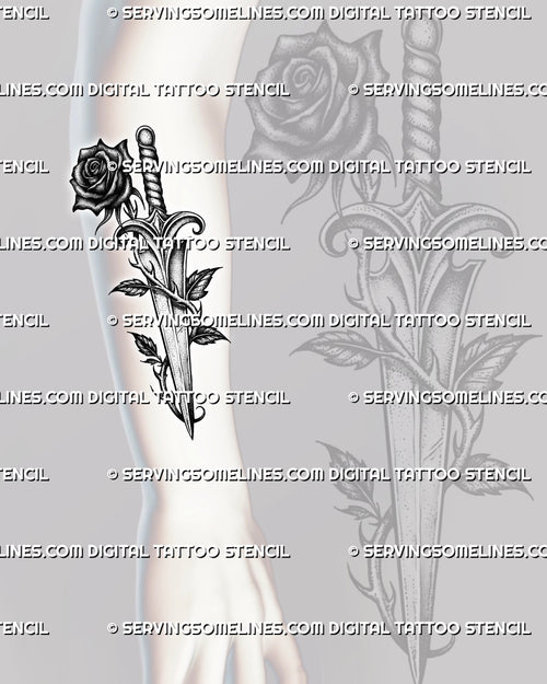Dagger with black rose tattoo stencil shown on forearm placement example, simple blade, dark rose focal point, instant download 