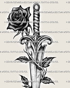 Close view of black rose and dagger tattoo stencil, thorned stem texture and bold rose silhouette for clean transfer
