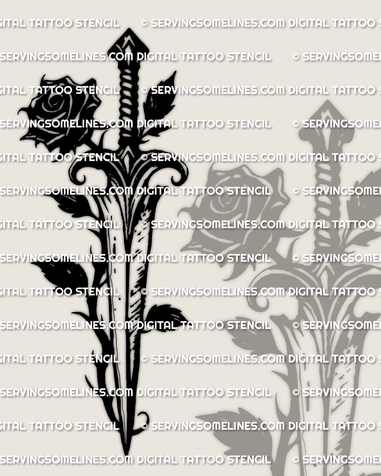 Close view of black rose and dagger tattoo stencil, thorned stem texture and bold rose silhouette for clean transfer