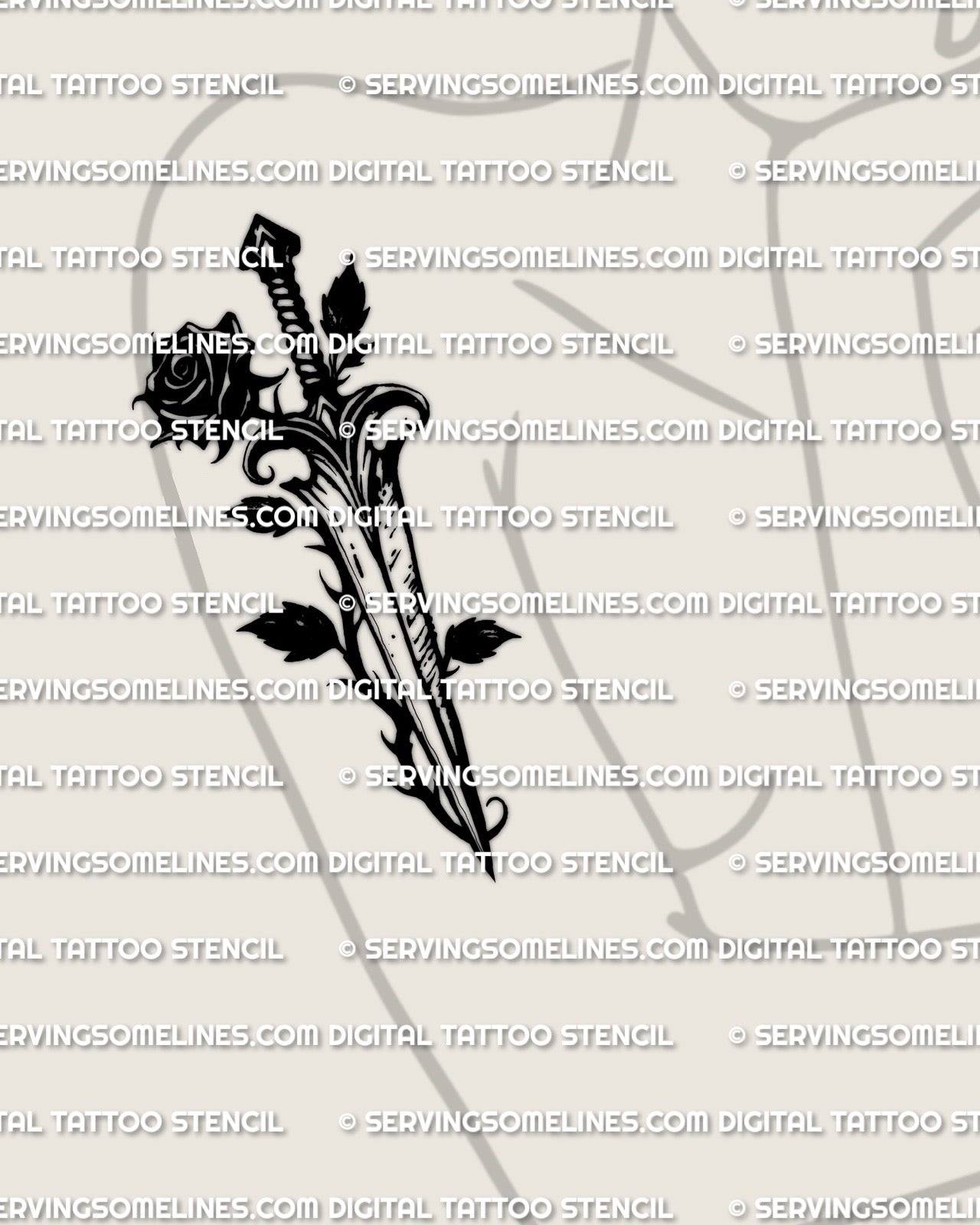 Black rose dagger tattoo stencil shown on feminine arm placement example, dark rose hero with clean blade, printable download 