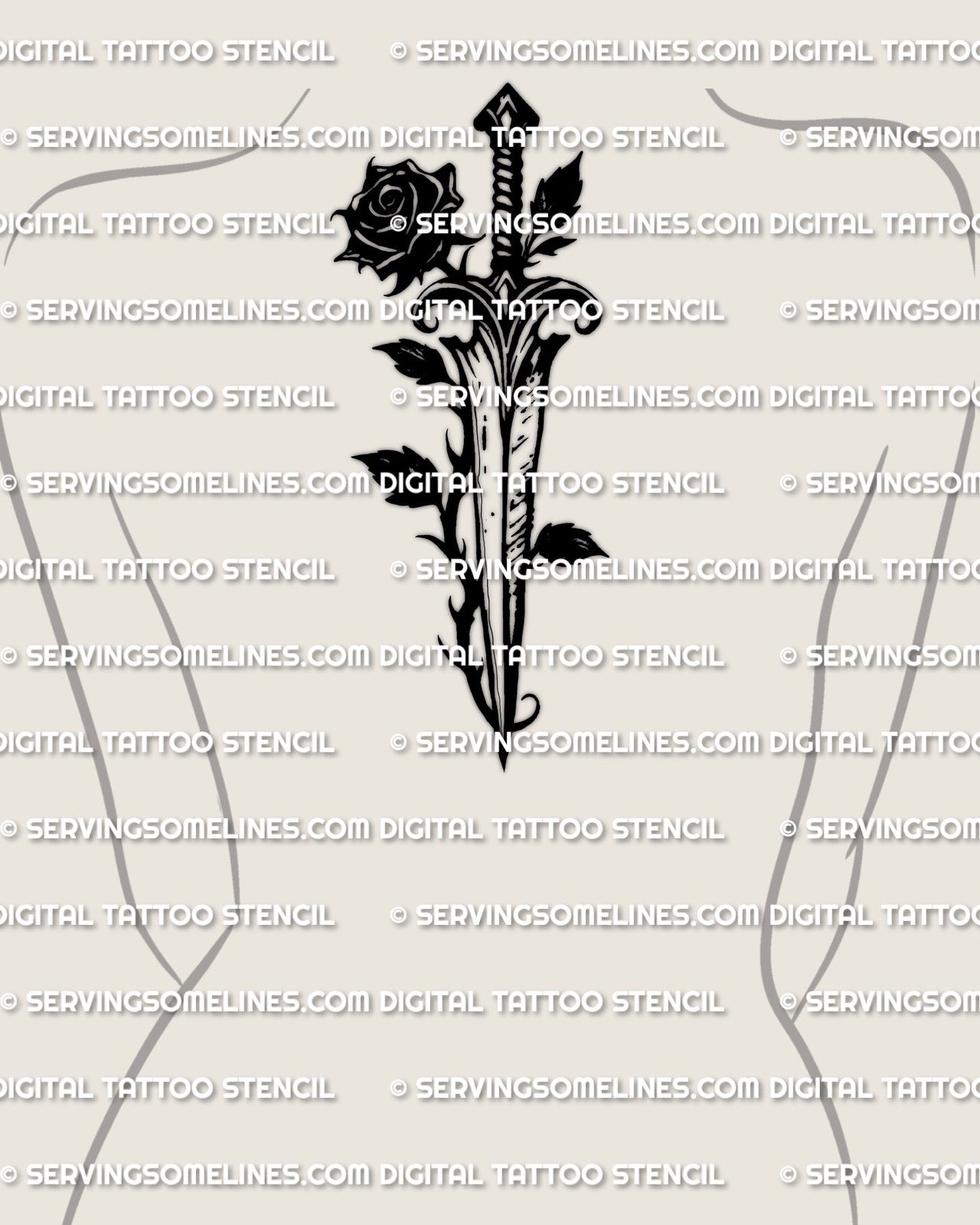 Black rose and dagger tattoo stencil displayed on womens spine placement example, thorned stem, clean blade, instant download