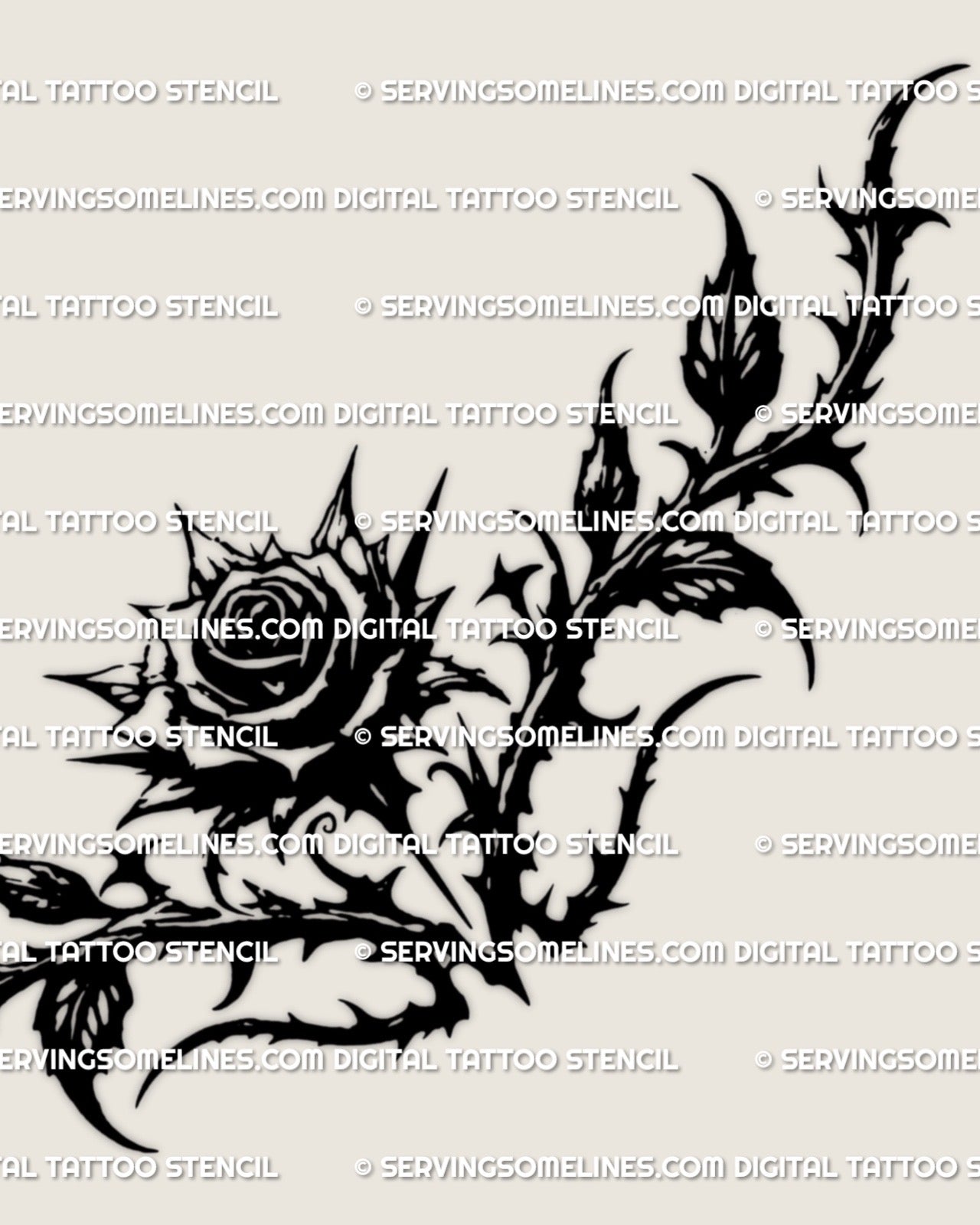 Black rose lower back tattoo stencil design with a centered rose, dark outer branches, and waistline-built shape
