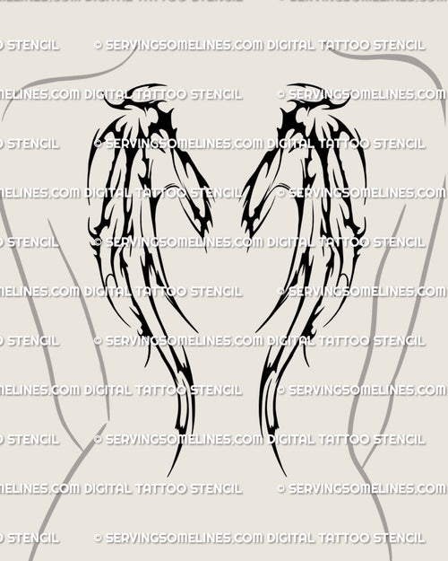 Skeletal devil wings tattoo on a woman’s upper back, tribal demonic bone wing design with sharp gothic anatomy, dark creature style backpiece
