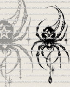 Black spider star tattoo design with high-contrast legs, bead-chain accents, and a gothic ornamental drop
