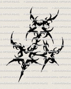 Neotribal tattoo stencil of three black stars, bold hero star with flame-like cuts, clean silhouette for chest, back, forearm, or calf.
