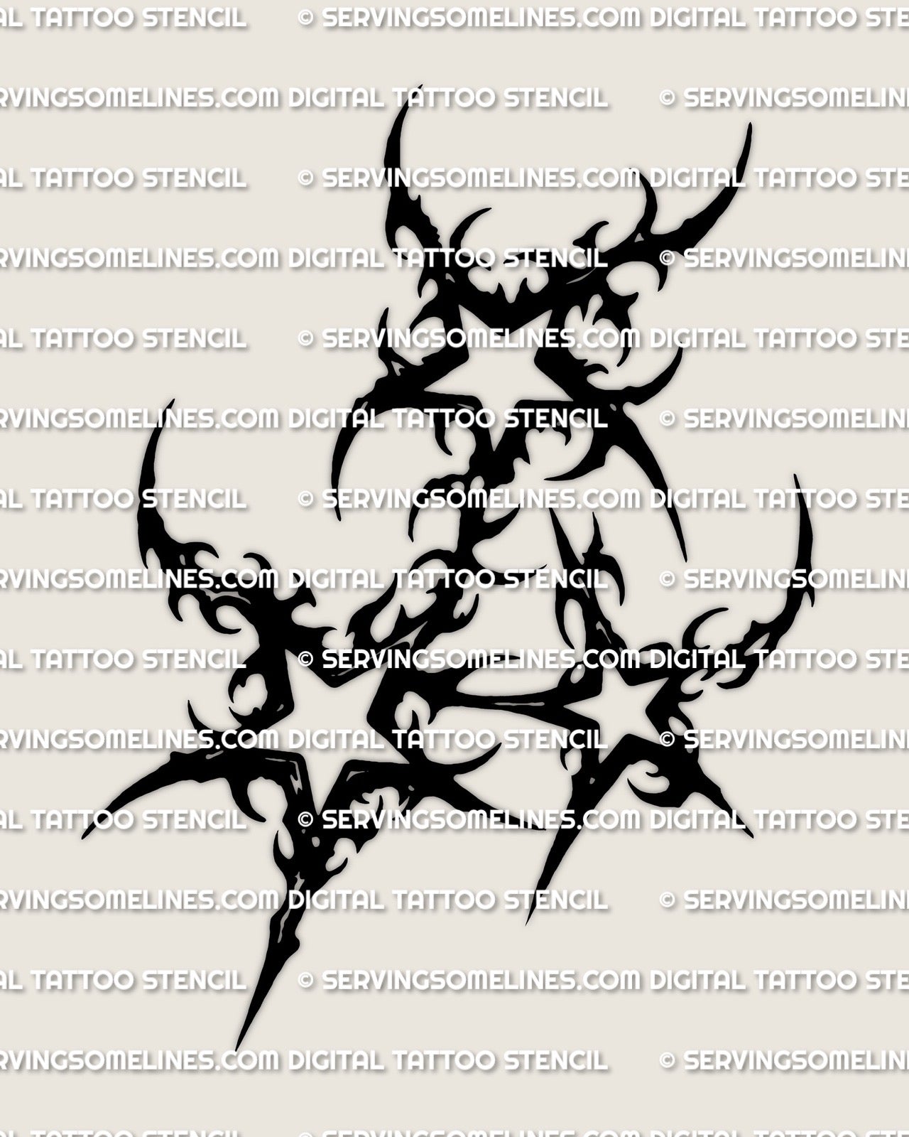 Neotribal tattoo stencil of three black stars, bold hero star with flame-like cuts, clean silhouette for chest, back, forearm, or calf.