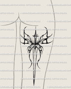 Black tribal dagger tattoo art placed on back of thigh, gothic butterfly wing shape with sharp neotribal lines. 