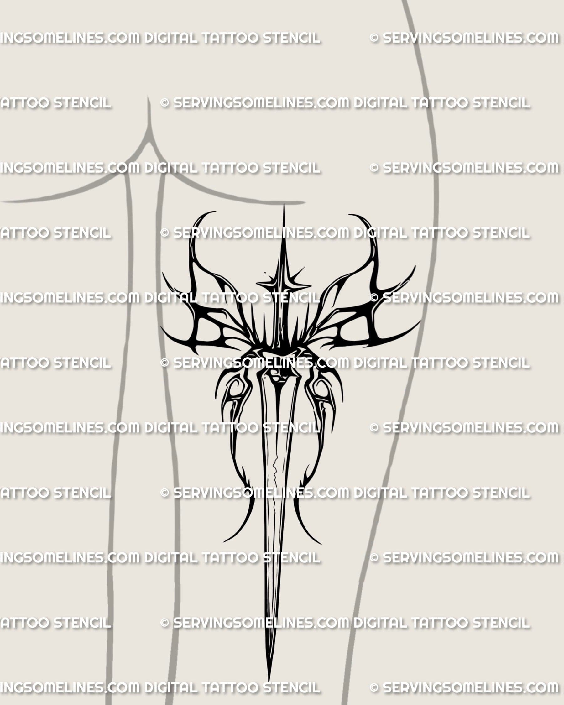 Black tribal dagger tattoo art placed on back of thigh, gothic butterfly wing shape with sharp neotribal lines. 