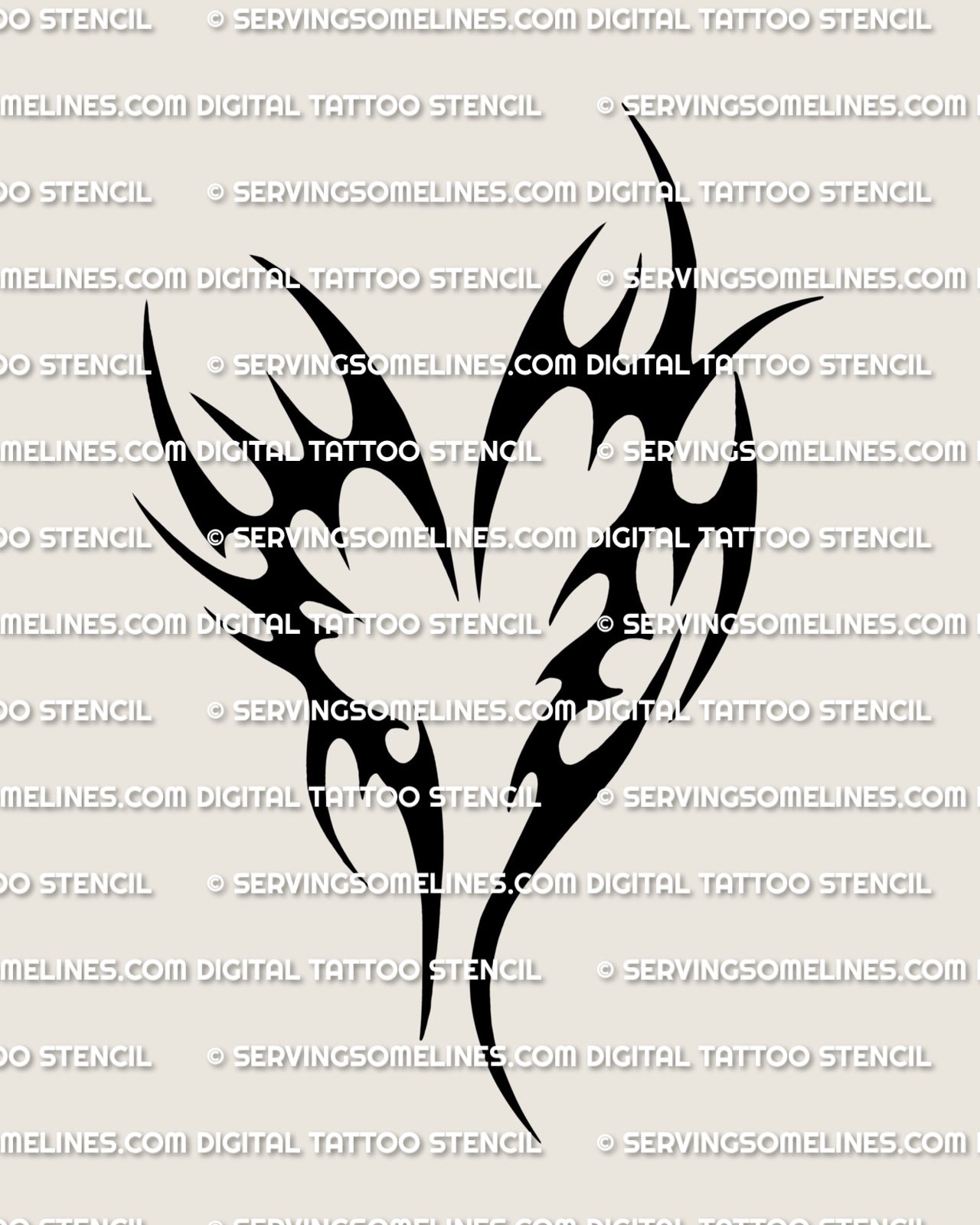 Black tribal heart tattoo stencil closeup design, heart tribal tattoo shape with strong swoops and negative space.
