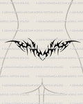 Black tribal lower back tattoo shown on female lower back placement with a wide solid-filled spread and subtle heart-shaped center